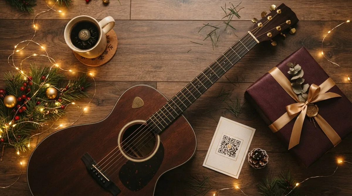 Akustická gitara, hrnček kávy, vianočné svetielka, zabalený darček so zlatou stuhou a kartička s QR kódom na pesničku